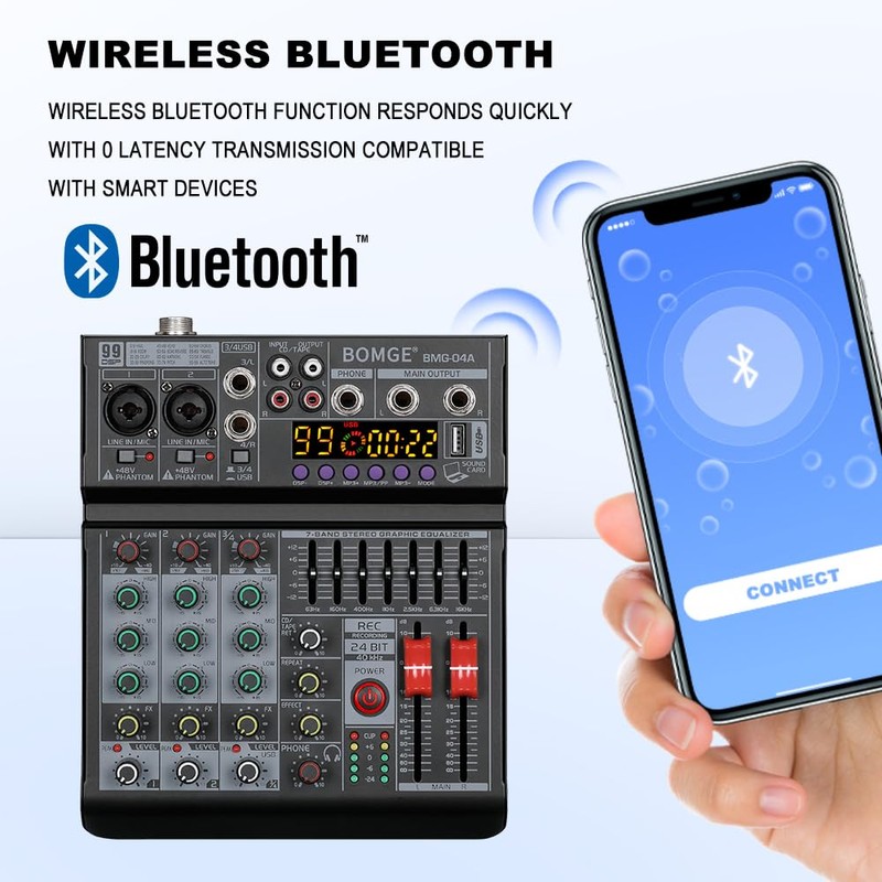 BOMGE 04A Audio Mixer,Professional Sound Board Mixing Console with USB/Bluetooth/Computer/4