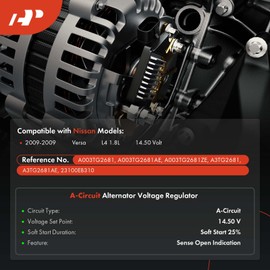 A-Premium Alternator Voltage Regulator Compatible with Nissan Versa 2009 1.8L, 14.5V A-Circuit 14.5 Vset