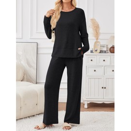 LILLUSORY 2 Piece Lounge Sets Matching Fall Outfits Pajamas Casual Travel 2025 Sweatsuits Soft Airport Wide Leg Clothes Long Sleeve Fashion Vacation Tracksuits Black M