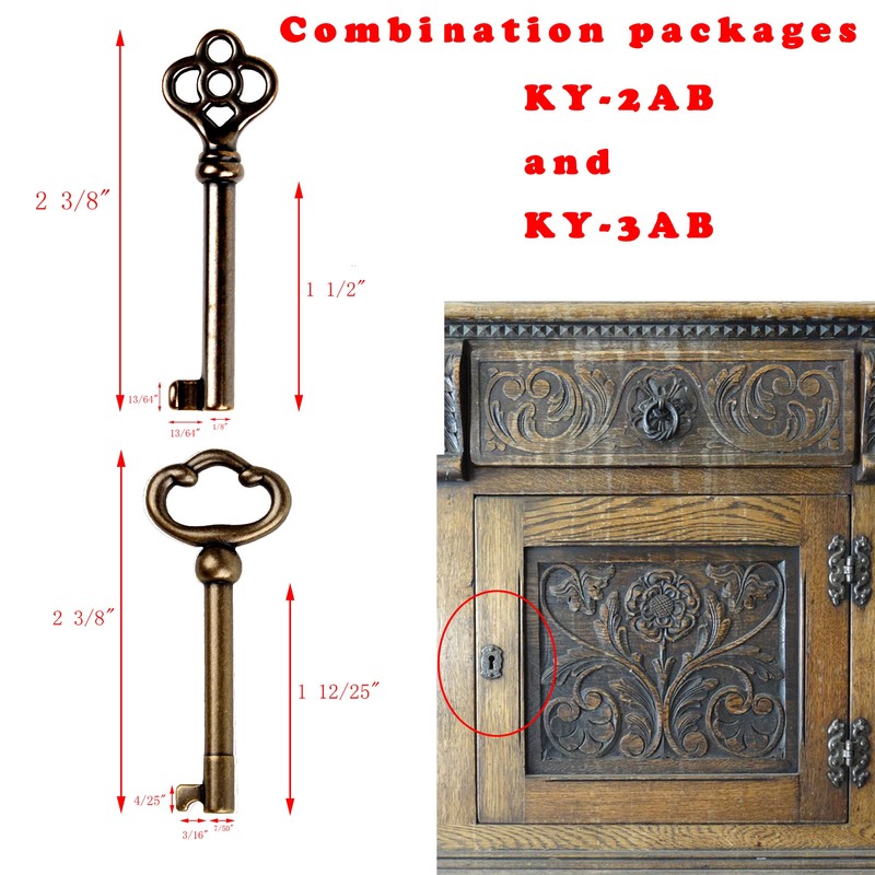Generic Skeleton Key KY-2AB and KY-3AB Antique Brass Plated Hollow
