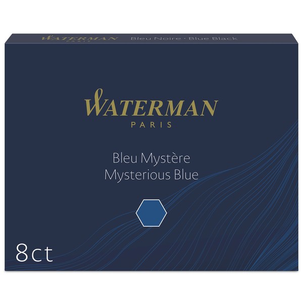 Waterman Fountain Pen Ink Cartridges, Long, Mysterious Blue, 8 Count
