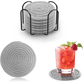 Gray Drink Coasters Set of 6 with Holder Absorbent Handmade Braided Coasters, Scratch Resistance Decorative Drink Mats Coasters Braided Rope Cup Coasters