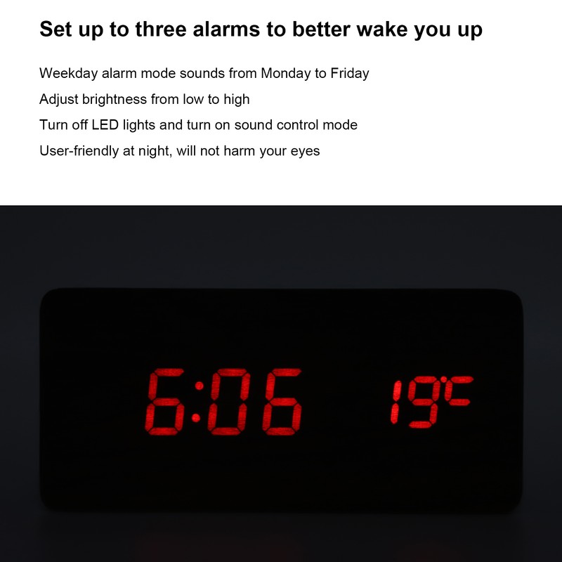 Wireless Charging Clock Digital LED Electronic Alarm Rectangular Wooden Bedside