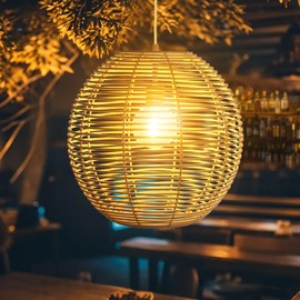 Solar Chandelier Ranttan Outdoor Lights, 12" Outdoor Pendant Hanging Lights Large Rattan Ceiling Light with Remote 4 Modes Lighting Waterproof Lighted for Garden Porch Patio Kitchen, Nature