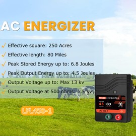 Electric Fence Charger AC Powered 80 Mile 250 Acres, 110 Volt 4.5 Joule Plug-in Electric Fence Energizer, Output Voltage Max 10 kV for Livestock, Preventing Predators from Intruding