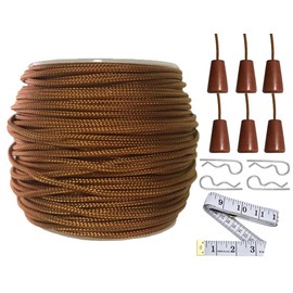 Y-Axis Roll of 60 Yards 2.0mm Light Brown (Bronze) Braided Nylon Lift Shade Cord with 6 Pack Brown Wood Cord Knobs + Soft Tape