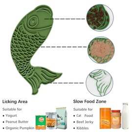 Licking Mat for Dogs and Cats,Fish-Shaped Cat Slow Feeders Lick Mat, Non-Slip Slow Feeders Licking Mat with Suction Cups for Reducing Boredom, Great for Bathing and Grooming（Green）