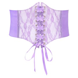 WHIPPY Women Lace-up Corset Waist Belt Transparent PVC Lace Crochet Petal Elastic Wide Belt for Dress Purple S