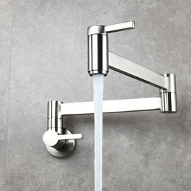 Wall Mounted Stove Pot Filler, Biveah Brass Double Joint Swing Arm Cold Water Folding Faucet Brushed Nickel, KLB012NA