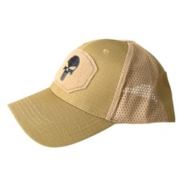 Tactical Mesh Baseball Cap, Coyote Tan, Skull Patch, Ripstop Material, 6-Panel Design