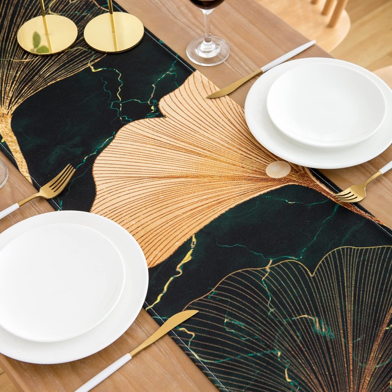 Inhobbok Table Runner Green Small Table Runner Golden Marbling Ginkgo