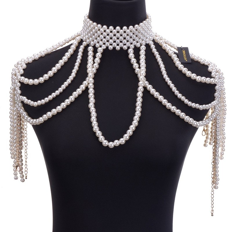 Jerollin Simulated Pearl Body Statement Necklace for Women, Fashion Collar