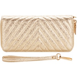 B BRENTANO Vegan Leather Double Zipper Pocket Wallet with Grip Hand Strap (GOLD GLITTER)