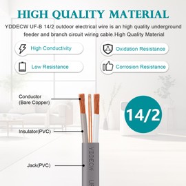 YDDECW 14/2 UF-B Wire - 100FT 100% Pure Copper 10AWG 2 Connector Direct Burial Electrical Cable for Underground Feeder Wet or Corrosive Locations Indoor & Outdoor etc