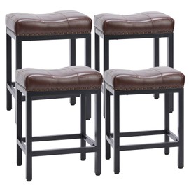 Sweetcrispy Bar Stools Set of 4, 24 Inch Counter Height Stools, PU Leather Upholstered Bar Chairs with Footrest, Modern Bar Stools for Kitchen Island, Dining, Living Room, Brown