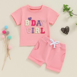 Kayotuas Toddler Baby Girl Birthday Outfit Shirt and Elastic Shorts Cute Summer Clothes 2Pcs Gifts Set (Pink, 3-4T)