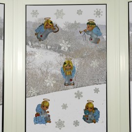 Articlings Christmas Angel Window Clings With 28 Glitter Snowflakes - Glueless PVC Stickers