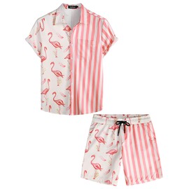 VATPAVE Mens Flamingo Hawaiian Sets Casual Short Sleeve Button Down Shirts Beach Outfits Medium Pink Flamingo Suit