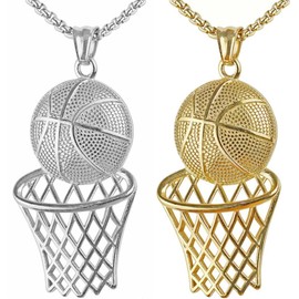 Kawailay Pack of 2 Basketball Necklace Basketball Frame Pendant Chain Rock Punk Hip Hop Chain Rapper Biker Cool Necklace for Men - Gold and Silver
