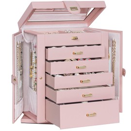 AKOZLIN 360° Rotating Jewelry Box 6-Tier Organizer Functional Jewelry Storage Case for Women Girls Ring Necklace Earring Bracelet Holder with Mirror Pink