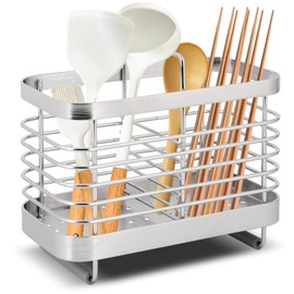 Stainless Steel Utensil Holder, Cutlery Organizer - Rust-Resistant Sink Drainer Caddy with 2 Compartments, Kitchen Sink Tidy for Utensils Storage (Silver)