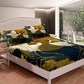 Castle Fairy Japanese Crane Bed Sheet Full Size,Gold Sun Cloud Stripes Bedding Set 4Pcs,Retro Ukiyoe Leaf Print Fitted Sheet for Adult Women Men Room Decor,Wild Animals Top Flat Sheet,2 Pillowcases
