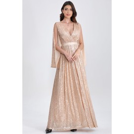 DQHKOW Women's Sequins Deep V Fashion Slit Shoulder Maxi Dresses Formal Evening Gowns.(Champagne,Medium)