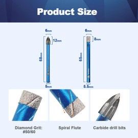 Dry Diamond Drill Bit Set,BRSCHNITT 10pcs/Pack 1/4"*5 Diamond Hole Saw & 1/4"*5 Carbide Drill bits Round Shank for Porcelain Tile Ceramic Stone Granite Marble,Dry Drilling
