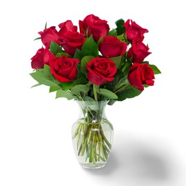 KaBloom PRIME NEXT DAY DELIVERY - Summer Collection - PREMIUM 12 Red Roses and Greens with Vase .Gift for Birthday, Anniversary, Get Well, Thank You, Valentine, Mother’s Day Fresh Flowers