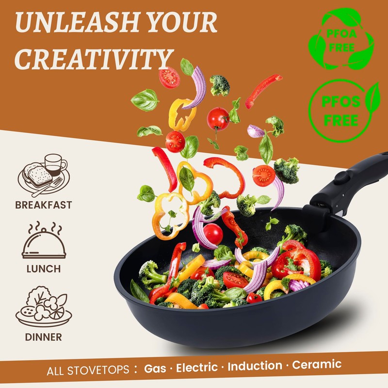20-Piece Ceramic Nonstick Cookware Set | Detachable Handle, Stackable for
