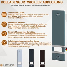 markiso® Roller Shutter Belt Cover [Pack of 1] - Hole Spacing 185 mm | Belt Winder Cover Made of Plastic | Easy Assembly without Belt Removal | Belt Winder Cover for Maxi Belts | Colour Grey