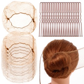 Giantree Hair Nets and Pins Set - 20 Invisible Nets and 50 U Shaped Pins for Buns, Ballet Dancer, Food Service Workers (Brown)