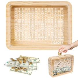 Kkluno Cash Vault Wooden Savings Box, Wooden Money Box, Coin Counter Piggy Bank for Kids Adults, Money Box with Clear Panel, Reusable Cash Saver Box with Money Target and Numbers($10000)