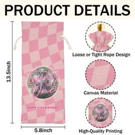 Disco Birthday Wine Bag Gifts Ideas for Woman Girls, Pink Happy 21st Birthday Party Decoration Wine Gift Bag, Pairs Well with Turning 21, Gifts for Women Her Girlfriend Sister Girls Boys (B14）