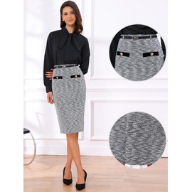 Allegra K Work Skirts for Women Knee Length High Waisted Tweed Skirt Button Decor Bodycon Pencil Midi Skirt with Belt Large Black