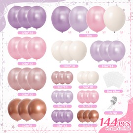 Dallfoll 144PCS Purple and Pink Balloons Arch Garland Kit, Purple Pink Rose Gold Balloons for Baby Shower Bridal Shower Wedding Birthday Party Decorations