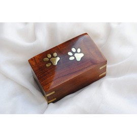 Cute Paws on Wood : Rosewood Pet Cremation Urn | Box | Chest | Inlaid Brass Golden Paws | Handcrafted | Sizes 6"X4" and 5"X3" (Small 5" X 3")