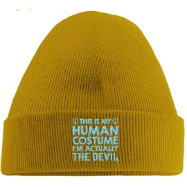 Hippowarehouse This is My Human Costume I'm Actually The Devil Embroidered Beanie Hat Yellow with Baby Blue Stitch