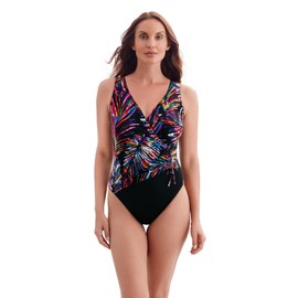 Longitude by Mimi Flamingo Women's Swimwear Shirred Faux Tie Modern Leg Surplice One Piece Swimsuit, Multi, 12