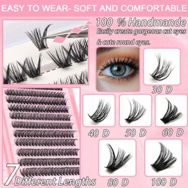 Lash Clusters, Eyelash Clusters Individual Lash Extension 640 Pcs D Curl Fluffy Wispy False Eyelashes Extensions (Lash Clusters, 80D+100D 9-16mm)