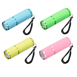 PATIKIL 9 LED Glow in Dark Flashlights, 4 Pcs Mini Aluminum Flashlight Rubber Coated Flashlight with Strap for Camping, Hiking, Party (Pink Green Yellow Blue)