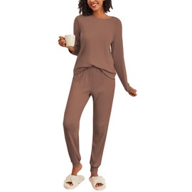 Ekouaer Womens Ribbed Knit Pajama Sets 2 Piece Jogger Pjs Long Sleeve Sleepwear Round Neck Soft Lounge Sets with Pockets Brown X-Large