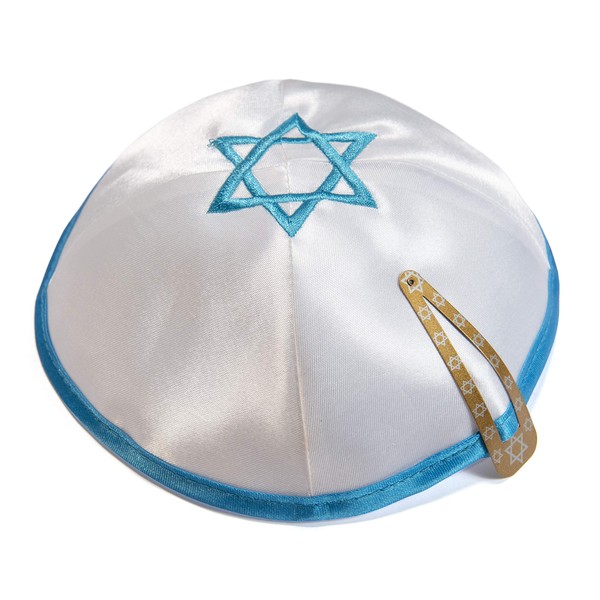 JL Kippha's Satin 20cm White Magen David Kippah Jewish Cap Judaica Yarmulke Synagogue