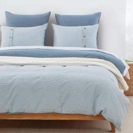 DAUAOTO King Size Duvet Cover Set 104"X90" Zipper Closure, Washed Cotton Bedding Reverse to Yarn-Dyed Stripe, Chambray