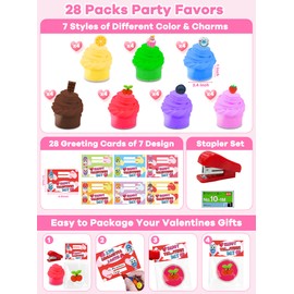 28 Pack Valentine's Day Gifts Cards for Kids Pre-Filled 7 Color Butter Slime with 7 Fruit Charms (4 Each),Stress Relief Toys Classroom Exchange Gifts, School Games Prizes, Party Favors for Boys Girls