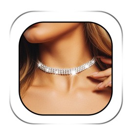 JEAIRTS Layered Rhinestone Choker Necklace Sparkly Diamond Row Necklaces Elegant Crystal Party Prom Jewelry for Women (1-Silver)