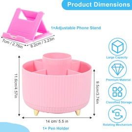 Marte Vanci Pen Pencil Holder, 360°Rotating Desk Organiser Pen Pot with Phone Stand, Makeup Brush Holder 5 Slots Desktop Stationery Art Supply Storage Caddy Accessory for Home Office School Pink