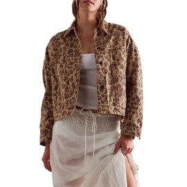 OFSOAK Womens Leopard Denim Jacket Casual Long Sleeve Button Down Loose Cheetah Print Jean Jacket with Pockets