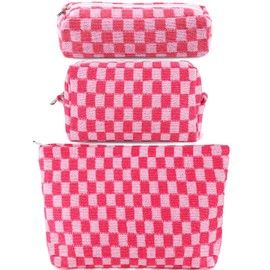 ZLFSRQ ZLFSRQ 3Pcs Checkered Makeup Bag for Women Large Cosmetic Bag Set Travel Toiletry Bag Makeup Pouch Bag for Purse Pink Zipper Storage Bag Organizer Cute Small Aesthetic Girls Car Essentials Bag