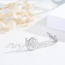 TRISHULA Horse Earrings 925 Sterling Silver Horseshoe with Opal Stud Earrings Horse Head Earrings Animal Earrings Horse Jewelry Gifts for Women Men